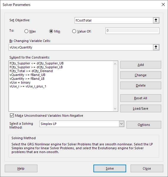 Solver dialog