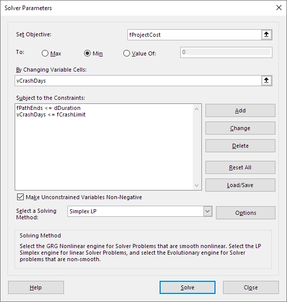 Solver dialog