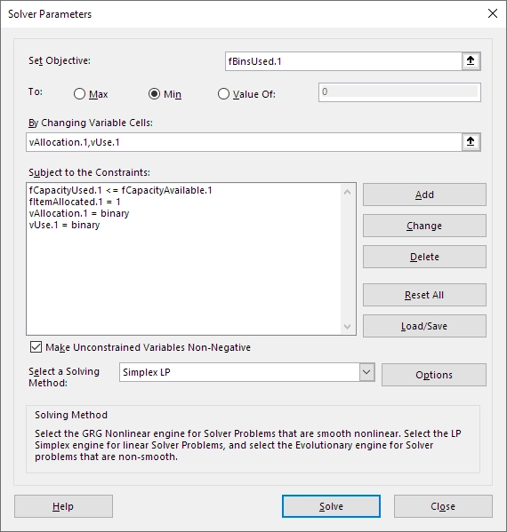 Solver dialog