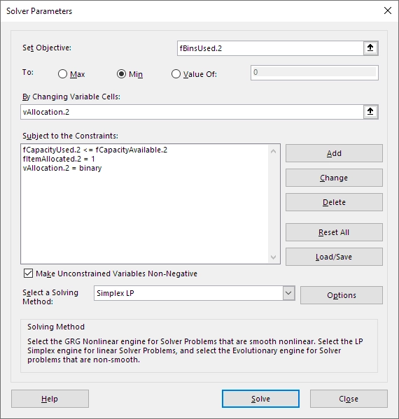 Solver dialog